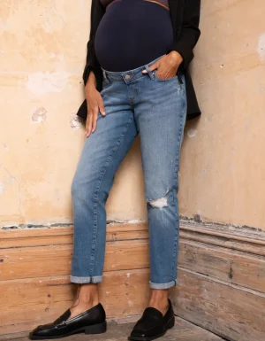 Online Biologische Zwangerschapsjeans, Boyfriend Fit Met Scheuren Vrouw Jeans