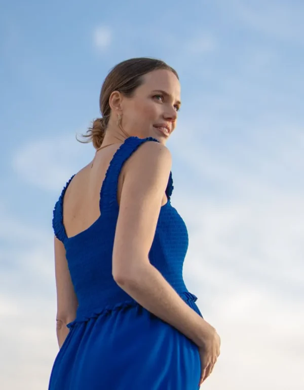 Cheap Blauwe Wijd Uitgesneden Zwangerschaps- En Borstvoedingsjumpsuit Vrouw Jurken