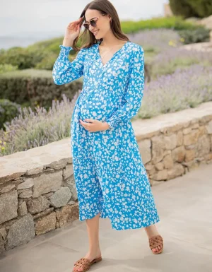 Cheap Blauw-Witte Bloemen Boho Midi Zwangerschaps- Tot Voedingsjurk Vrouw Jurken
