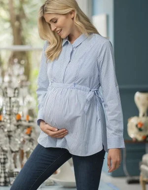 Flash Sale Blauw-Witte Krijtstreep Stropdas Kant Moederschap Naar Borstvoedingshemd Vrouw Topjes