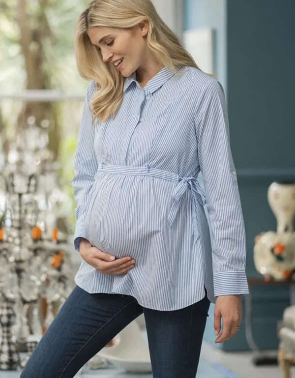 Flash Sale Blauw-Witte Krijtstreep Stropdas Kant Moederschap Naar Borstvoedingshemd Vrouw Topjes