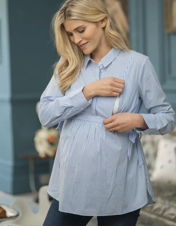 Flash Sale Blauw-Witte Krijtstreep Stropdas Kant Moederschap Naar Borstvoedingshemd Vrouw Topjes