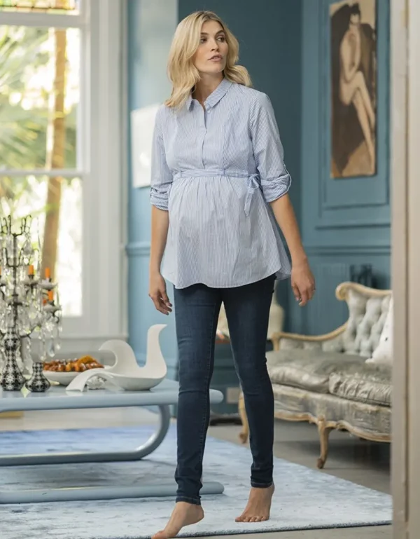 Flash Sale Blauw-Witte Krijtstreep Stropdas Kant Moederschap Naar Borstvoedingshemd Vrouw Topjes