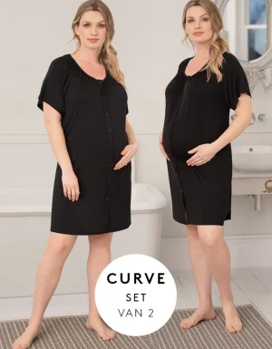 Fashion Curve Zwarte Zwangerschapsnachthemden Met Knoopsluiting, 2-Pack Vrouw Pyjama'S En Loungewear