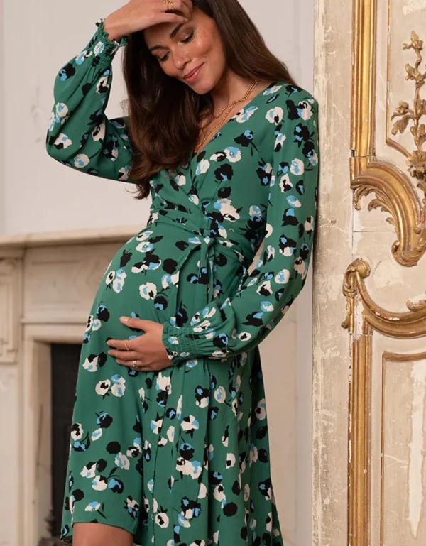 Hot Groene Zwangerschapsjurk Met Wikkeldesign En Bloemenpatroon Vrouw Jurken