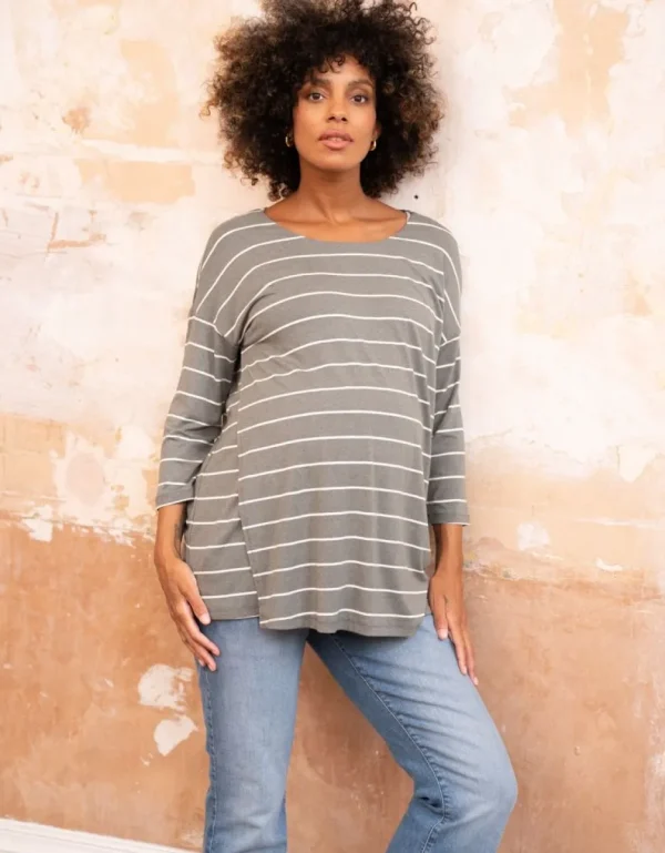 Discount Kaki Gestreepte Zwangerschaps- En Borstvoedingshirt Vrouw Topjes