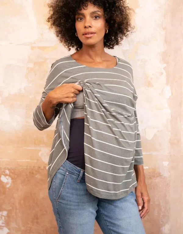 Discount Kaki Gestreepte Zwangerschaps- En Borstvoedingshirt Vrouw Topjes
