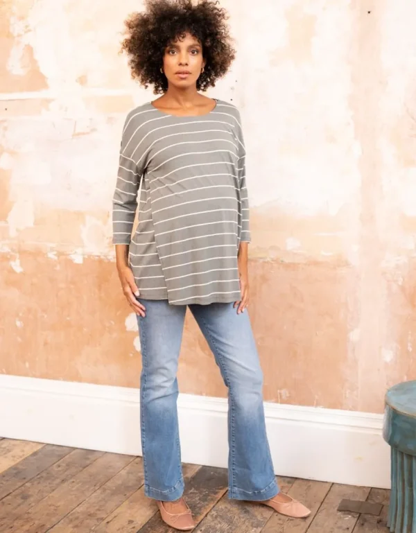Discount Kaki Gestreepte Zwangerschaps- En Borstvoedingshirt Vrouw Topjes