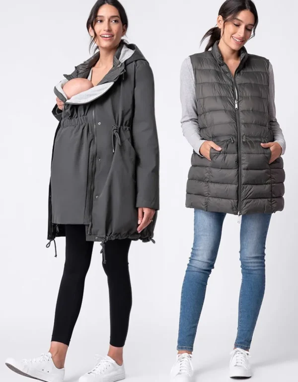 Best Kaki Parka 6 In 1 Zwangerschaps- Tot Draagjas Met Gewatteerde Bodywarmer Kinderen Babydragen Innovatie