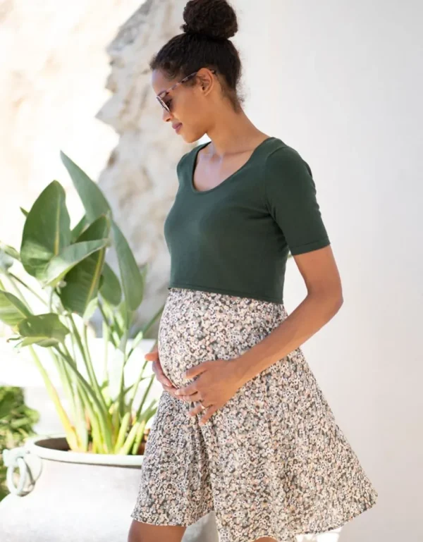 Best Sale Kakigroene Ditsy Bloemenprint Zwangerschaps- Tot Voedingsjurk Met Top Vrouw Jurken