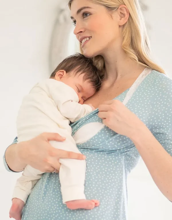 Cheap Lace Trim Salie & White Spot Zwangerschapsjurk Tot Voedingsnachthemd Vrouw Pyjama'S En Loungewear