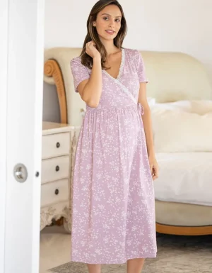 Discount Lila Bloemenprint Moederschap Tot Borstvoeding Wikkel Nachthemd Met Kanten Rand Vrouw Pyjama'S En Loungewear