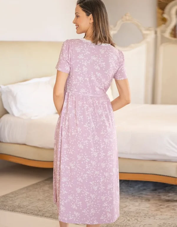 Discount Lila Bloemenprint Moederschap Tot Borstvoeding Wikkel Nachthemd Met Kanten Rand Vrouw Pyjama'S En Loungewear
