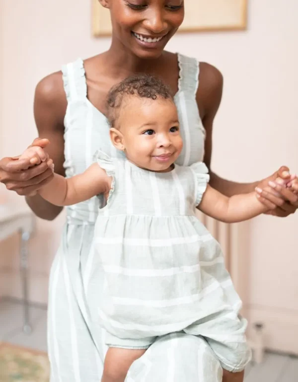 Store Mama & Mini Groen En Wit Gestreepte Katoenen Romper Voor Baby'S Kinderen Babykleding