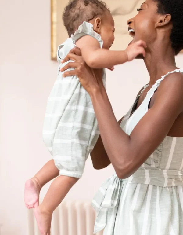 Store Mama & Mini Groen En Wit Gestreepte Katoenen Romper Voor Baby'S Kinderen Babykleding