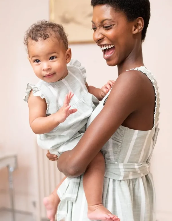 Store Mama & Mini Groen En Wit Gestreepte Katoenen Romper Voor Baby'S Kinderen Babykleding
