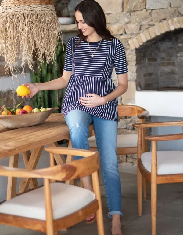 Best Marineblauw En Wit Gestreept Getailleerd Zwangerschaps- Tot Borstvoedings-T-Shirt Vrouw Topjes