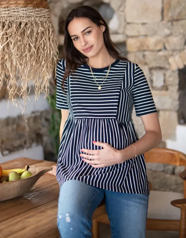 Best Marineblauw En Wit Gestreept Getailleerd Zwangerschaps- Tot Borstvoedings-T-Shirt Vrouw Topjes