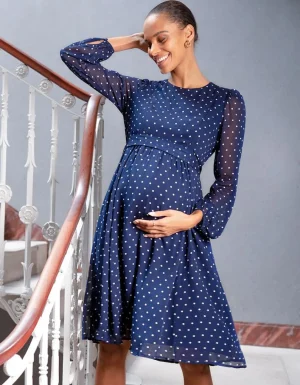 Sale Marineblauw En Witte Stippen Chiffon Jurk Voor Zwangerschap Tot Borstvoeding Vrouw Jurken