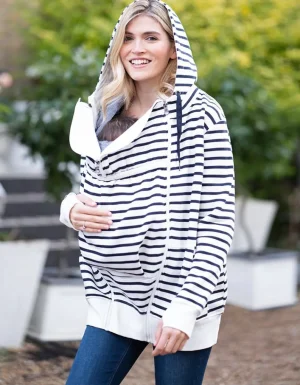 Sale Marineblauwe En Witte Streep 3 In 1 Zwangerschaps- Tot Draaghoodie Vrouw Topjes