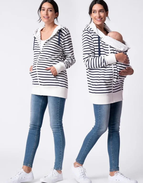 Sale Marineblauwe En Witte Streep 3 In 1 Zwangerschaps- Tot Draaghoodie Vrouw Topjes