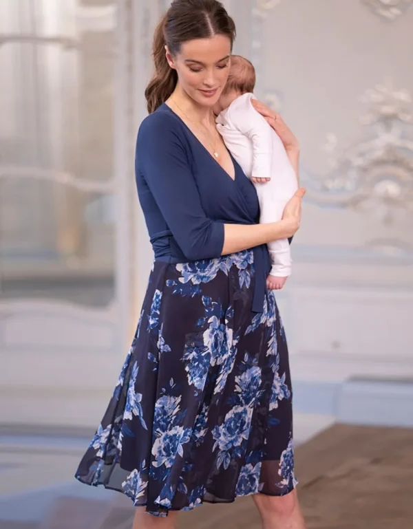 Cheap Marineblauwe Gebloemde Positie- En Voedingsjurk Met Wikkeldesign Vrouw Jurken