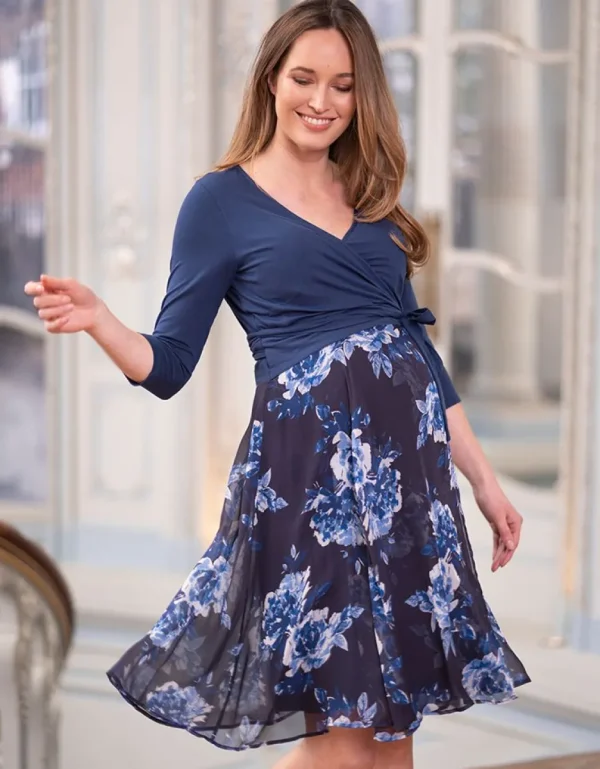 Cheap Marineblauwe Gebloemde Positie- En Voedingsjurk Met Wikkeldesign Vrouw Jurken