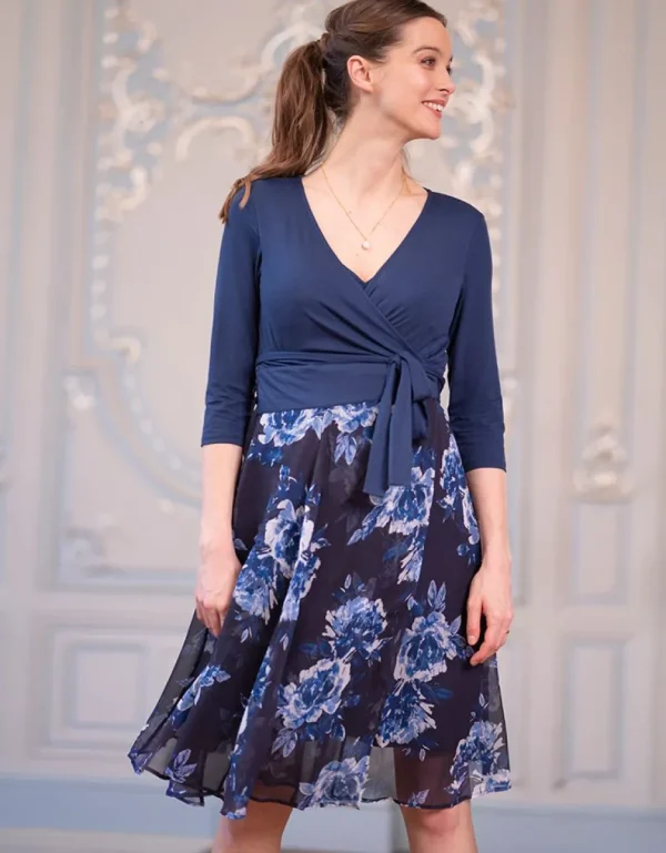 Cheap Marineblauwe Gebloemde Positie- En Voedingsjurk Met Wikkeldesign Vrouw Jurken
