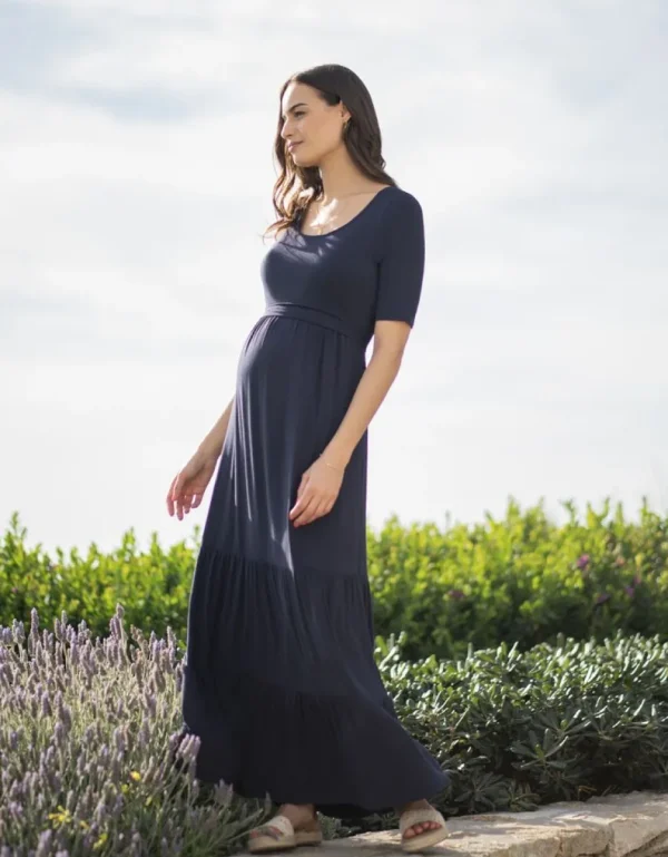 Outlet Marineblauwe Jersey Zwangerschaps- En Borstvoedingsmaxi-Jurk Vrouw Jurken