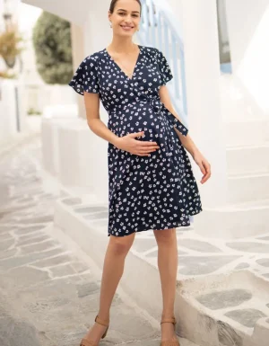 Discount Marineblauwe Positiejurk Met Bloemenprint In Wikkeldesign Vrouw Jurken