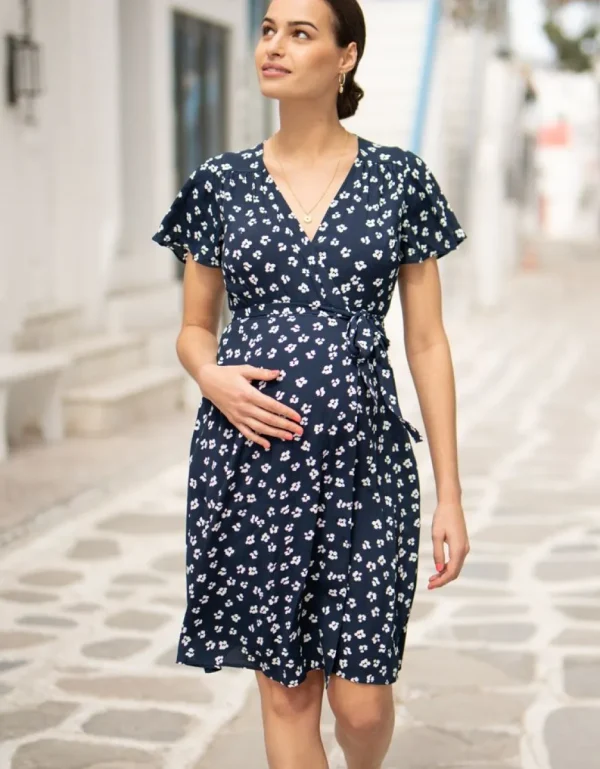 Discount Marineblauwe Positiejurk Met Bloemenprint In Wikkeldesign Vrouw Jurken
