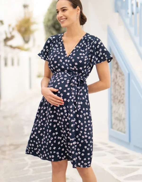 Discount Marineblauwe Positiejurk Met Bloemenprint In Wikkeldesign Vrouw Jurken