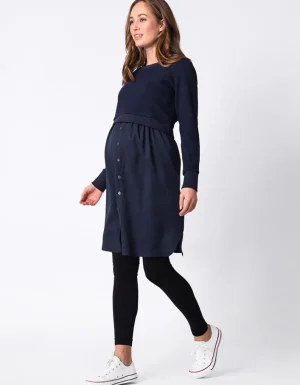 Best Marineblauwe Positiesweater En Voedingsjurk Met Opstaande Kraag Vrouw Jurken