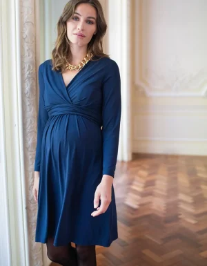 Hot Marineblauwe Tricot Zwangerschaps- En Borstvoedingsjurk Vrouw Jurken