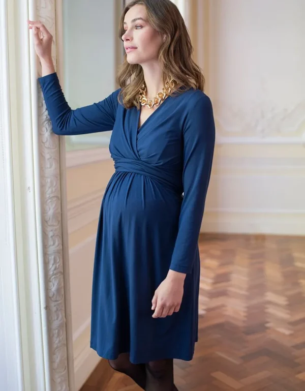 Hot Marineblauwe Tricot Zwangerschaps- En Borstvoedingsjurk Vrouw Jurken