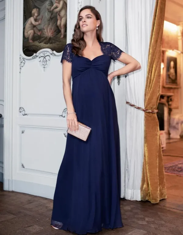 Store Marineblauwe Zijde En Kanten Posite-Avondjurk Vrouw Occasion Dresses