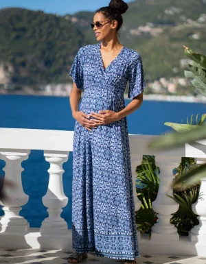 Outlet Mediterrane Blauwe Print Van Zwangerschap Tot Borstvoeding Maxi-Jurk Vrouw Jurken