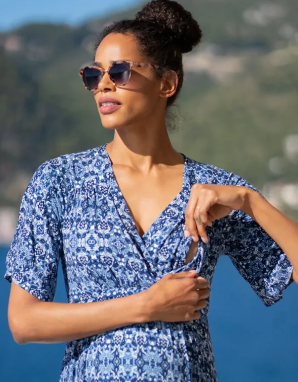 Outlet Mediterrane Blauwe Print Van Zwangerschap Tot Borstvoeding Maxi-Jurk Vrouw Jurken