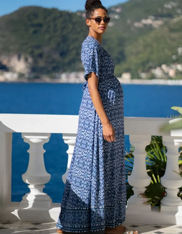 Outlet Mediterrane Blauwe Print Van Zwangerschap Tot Borstvoeding Maxi-Jurk Vrouw Jurken