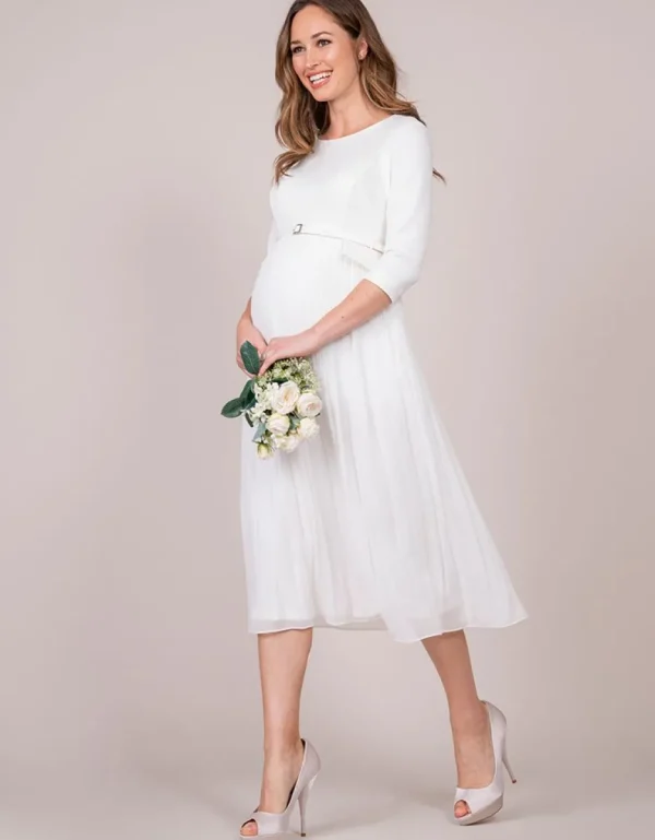 Fashion Midi Ivoorkleurige Geplooide Positiejurk Vrouw Jurken