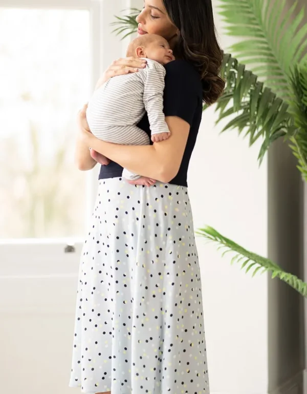 Hot Midi-Jurk Met Blauwe Stippenprint Van Zwangerschap Tot Borstvoedingsjurk Met Topje Vrouw Jurken
