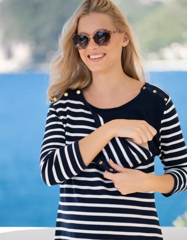 New Nautische Streep Katoenen Zwangerschapsjurk Tot Voedingsjurk Vrouw Topjes