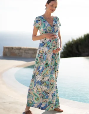 Best Sale Paisley Zwangerschap Maxi-Jurk Met Knoopsluiting Aan Voorzijde Vrouw Jurken