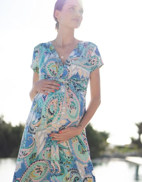 Best Sale Paisley Zwangerschap Maxi-Jurk Met Knoopsluiting Aan Voorzijde Vrouw Jurken