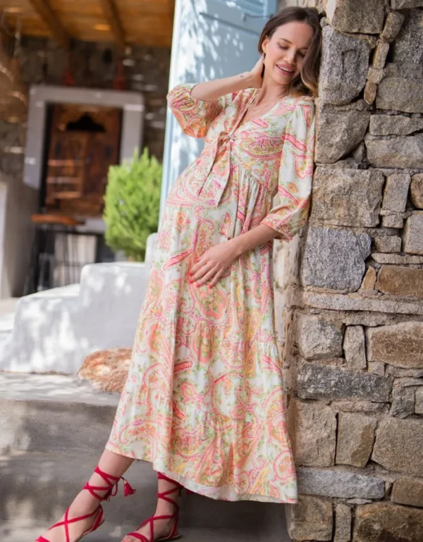 Discount Paisley Zwangerschaps- En Borstvoedingsjurk Met Voorzijdeknoopsluiting Vrouw Jurken