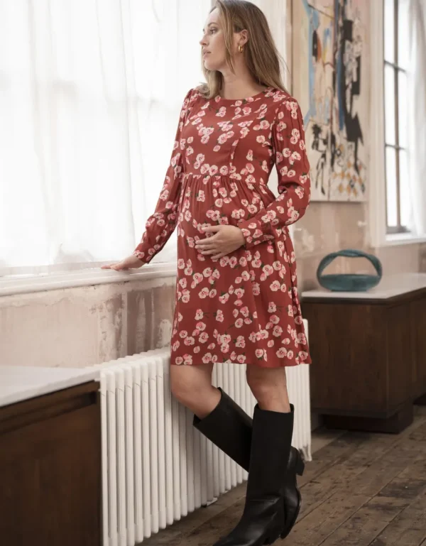 Fashion Roestbruine Zwangerschaps- En Borstvoedingsjurk Met Bloemenpatroon Vrouw Jurken