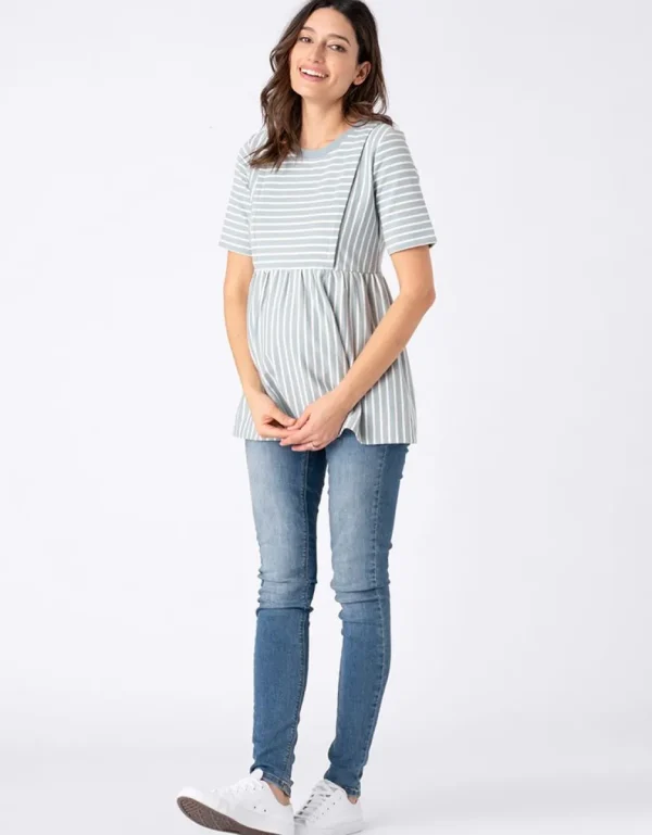 Best Salie Groen En Wit Gestreept Getailleerd Zwangerschaps- Tot Borstvoedings-T-Shirt Vrouw Topjes