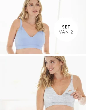Online Set Van Twee Essentiele Katoenen Zwangerschaps- En Voedingsbeha'S In Grijze Strepen En Blauw Vrouw Pyjama'S En Loungewear