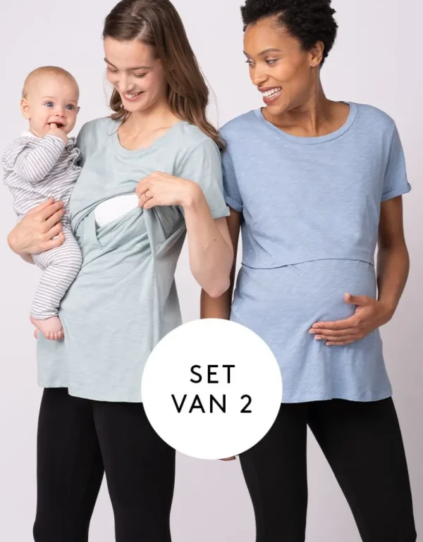 Store Set Van Twee Essentiele Zwangerschaps- Tot Borstvoedings-T-Shirts In Blauw En Groen Vrouw Topjes
