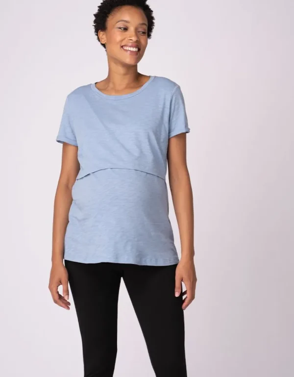 Store Set Van Twee Essentiele Zwangerschaps- Tot Borstvoedings-T-Shirts In Blauw En Groen Vrouw Topjes